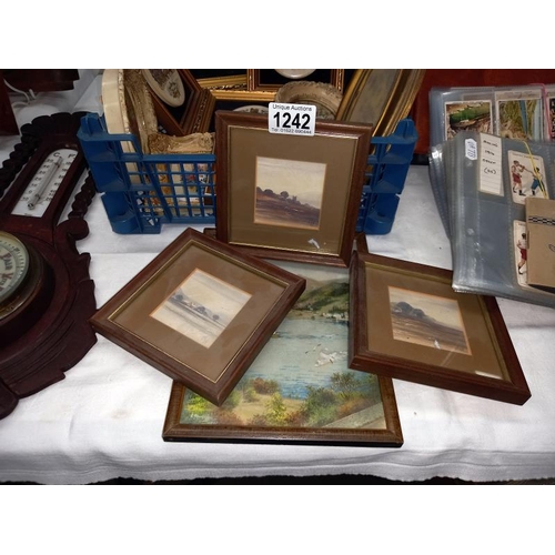 1242 - A tray of small gilded frames with pictures & pot lids