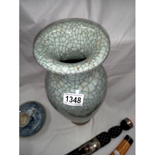 1348 - A Chinese crackle glaze design vase an oriental square vase, a late 18th century Chinese saucer and ... 