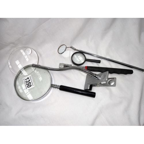 1350 - A selection of magnifiers, a telescopic magnifier and mirror