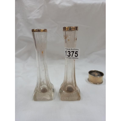 1375 - A pair of silver topped spill vases and a pair of salts etc. (5 items)