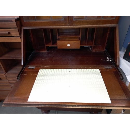 1432 - A 1930's oak bureau bookcase with leaded glass doors COLLECT ONLY.