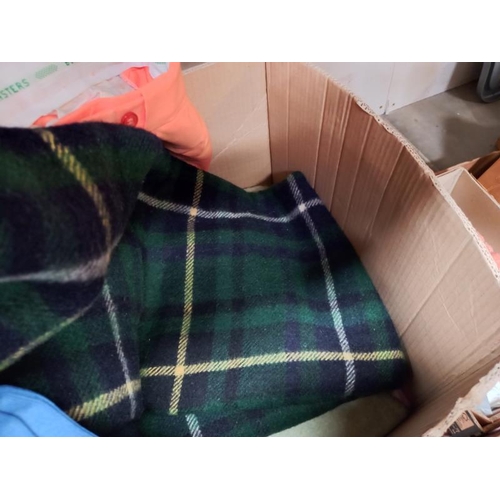 1437 - A box of blankets, cushions, cardigans etc.