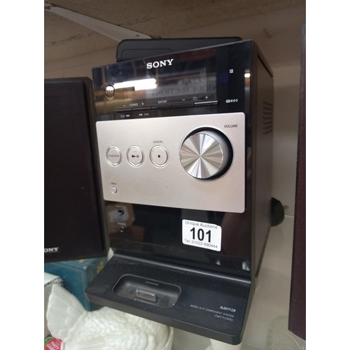 101 - A Sony mini HiFi system, tuner & CD player with docking port, untested COLLECT ONLY