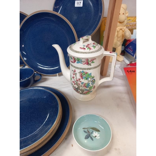 117 - A quantity of blue plates, milk jug, sugar bowl etc.