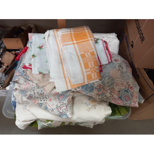 149 - 3 boxes of various items of cloth, including tea towels etc COLLECT ONLY