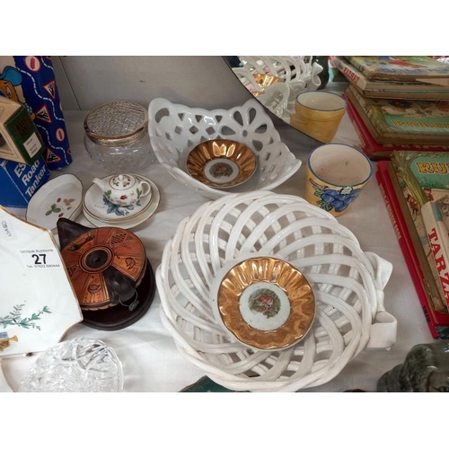 27 - A selection of decorative porcelain items, lattice bowls, plates, cups etc plus stoneware pots, glas... 