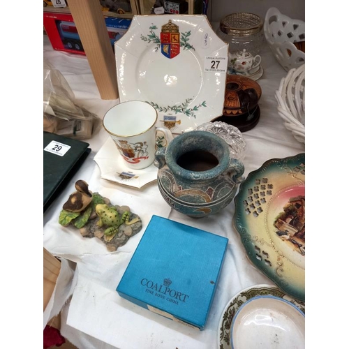 27 - A selection of decorative porcelain items, lattice bowls, plates, cups etc plus stoneware pots, glas... 