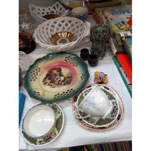 27 - A selection of decorative porcelain items, lattice bowls, plates, cups etc plus stoneware pots, glas... 