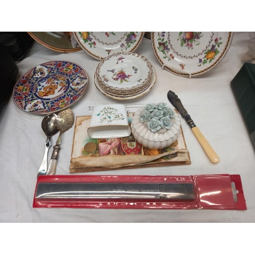 31 - A selection of collectors plates and thermometers, spoons, toothpick pot etc.