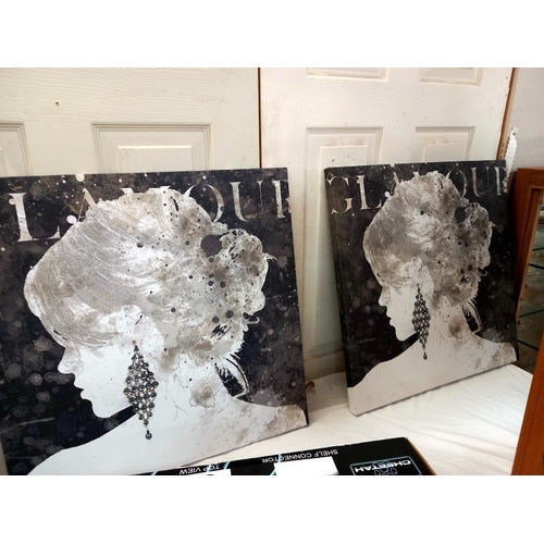 64 - 3 Prints on canvas, one yellow flower and two 'glamour' lady heads. 60 cm square, COLLECT ONLY.