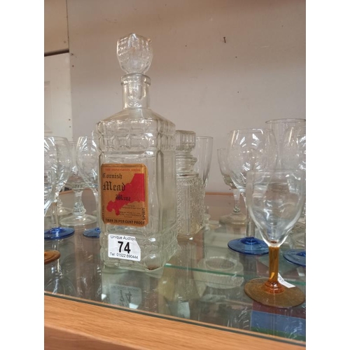 74 - A selection of drinking glasses and a 'Cornish Mead' decanter. Collect only