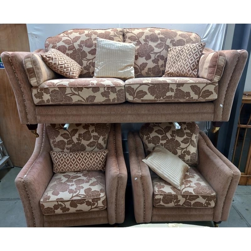 75 - A superb quality brown floral three piece suite in good condition, COLLECT ONLY.