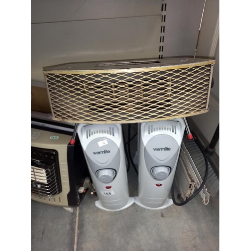 168 - 3 electric heaters (One vintage, two oil) and a gas heater ( Camping gas canister)