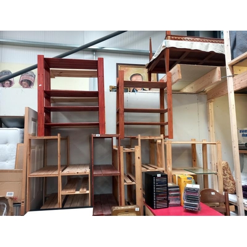 169 - A large lot of timber shelving (5 tall and 7 short)