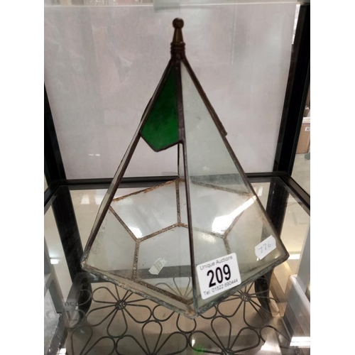 209 - A triangular leaded stained glass plant holder/terrarium