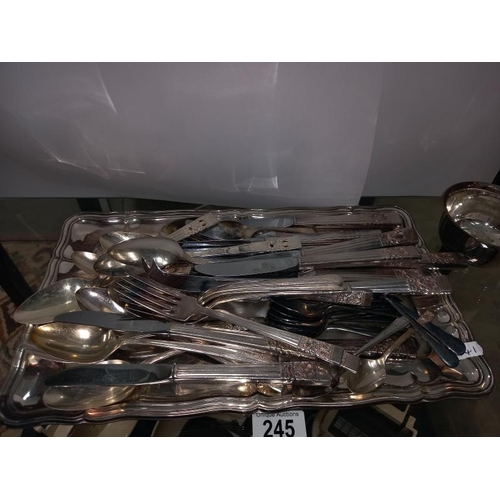 245 - A selection of silver plate cutlery on tray & a bowl