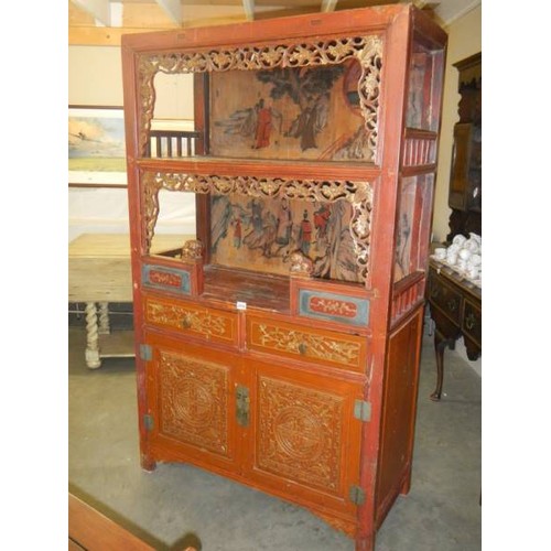 2642 - An old Chinese carved cabinet with painted back panels. COLLECT ONLY.