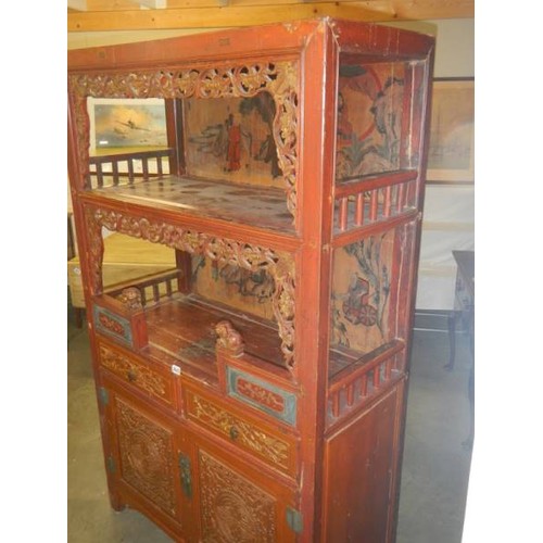 2642 - An old Chinese carved cabinet with painted back panels. COLLECT ONLY.