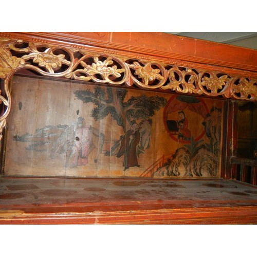 2642 - An old Chinese carved cabinet with painted back panels. COLLECT ONLY.