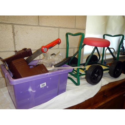 280 - A quantity of garden tools, trolley seat & kneeling pad/seat