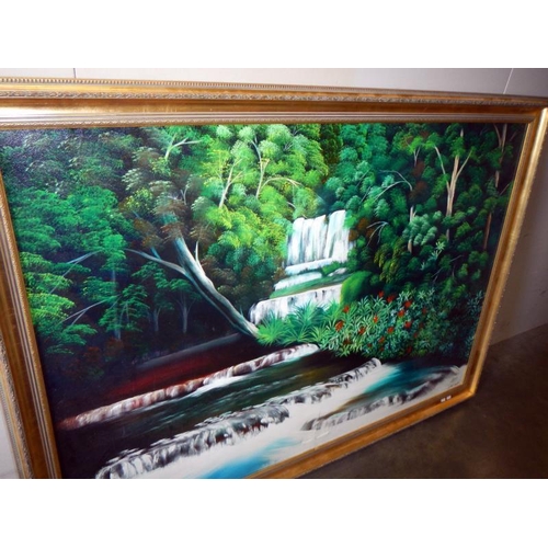 292 - A large oil on canvas painting of a tropical waterfall, 165 x 118 cm.  COLLECT ONLY.