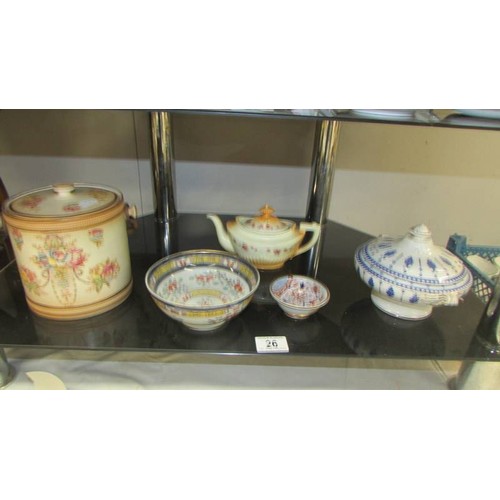 26 - A Crown Devon Biscuit barrel, a blue and white lidded bowl, two oriental dishes and a teapot.
