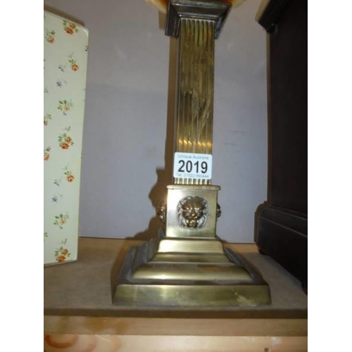 2019 - A Victorian brass oil lamp base with glass font. COLLECT ONLY.