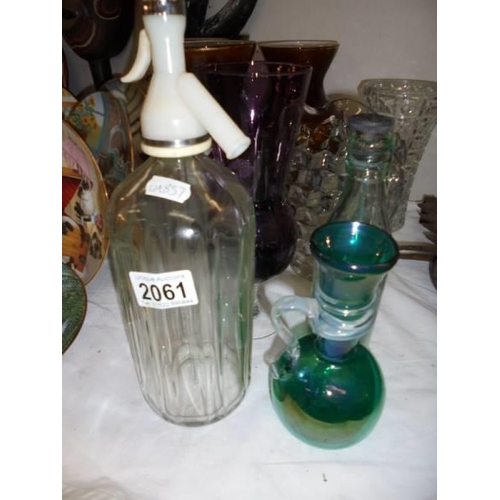 2061 - A pair of glass vases, a large cube glass jug, a soda syphon and other glass ware. COLLECT ONLY.