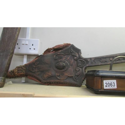 2063 - A set of wooden bellows, a yoke, letter rack etc., COLLECT ONLY.