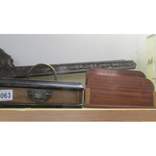 2063 - A set of wooden bellows, a yoke, letter rack etc., COLLECT ONLY.