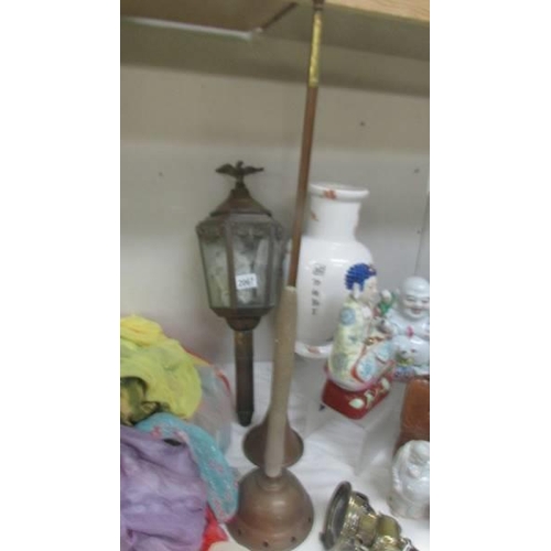 2067 - A brass coach lamp, a copper post horn and a copper washing dolly. COLLECT ONLY.