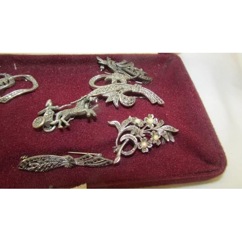 2099 - Seven silver marcasite brooches.