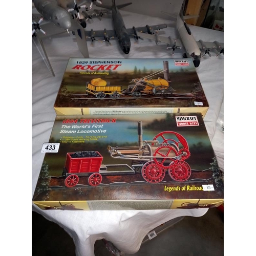 433 - 2 minicraft plastic model kits, Stephenson Rocket and 1804 Trevithick steam locomotive