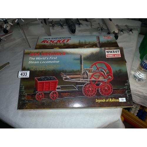 433 - 2 minicraft plastic model kits, Stephenson Rocket and 1804 Trevithick steam locomotive