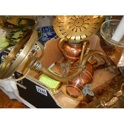 2240 - A box of good brass ware including Victorian lamp bracket, shields etc.,