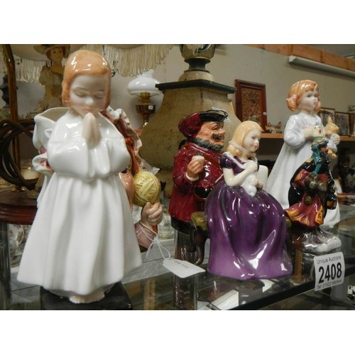 2408 - Six assorted figures including Doulton and Beswick.