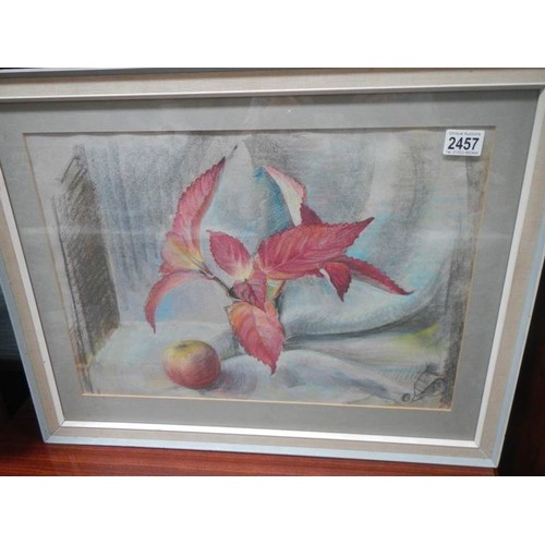 2457 - A pastel painted entitled 'Leaves and an Apple' by Winifred Evans.