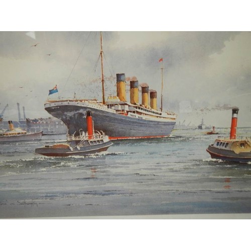 2462 - A framed and glazed print of Titanic leaving Southampton signed K N Burton, COLLECT ONLY.