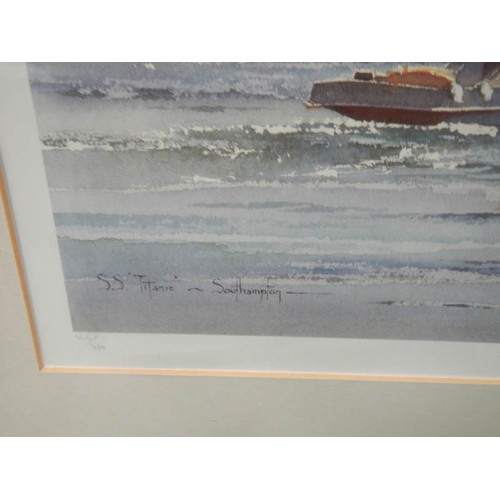 2462 - A framed and glazed print of Titanic leaving Southampton signed K N Burton, COLLECT ONLY.