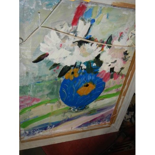 2474 - A 20th century British school acrylic on board with monogram 'Blue Nude' (verso still life of flower... 