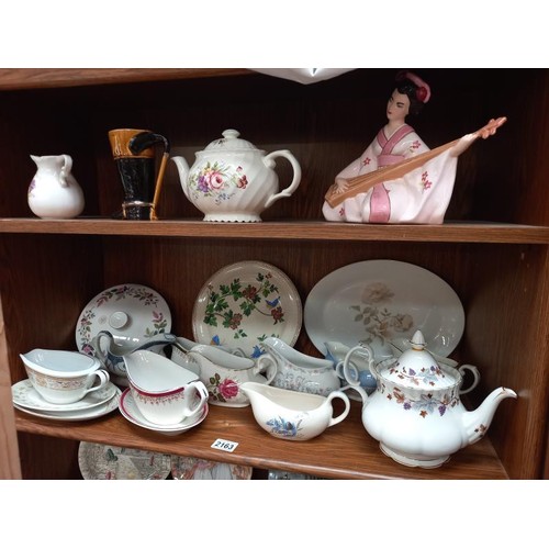 2163 - Five shelves of ceramics including gravy boats, teapots, plates etc., COLLECT ONLY.