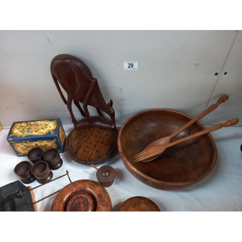 29 - A quantity of wooden items including salad bowl & Servers novelty cigarette box etc.