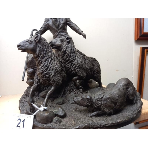 21 - Heredities bronzed resin group of Shepherd with sheep & dog