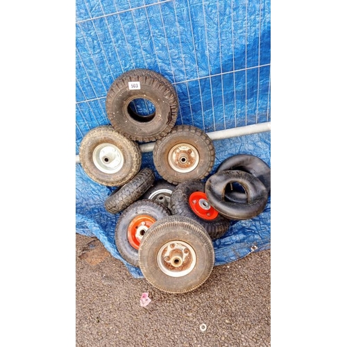 503 - 8 trolley tyres/wheels & inner tubes etc.
Collect Only