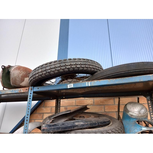 543 - 3 motorcycle tyres, wheels & fuel tank etc. Collect Only