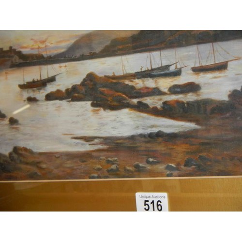 516 - A gilt framed painting of boats. Collect Only.