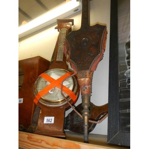 562 - A mixed lot including early 20th century bellows, barometer etc.,