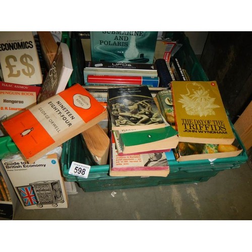 598 - Two boxes of paper back books etc.,