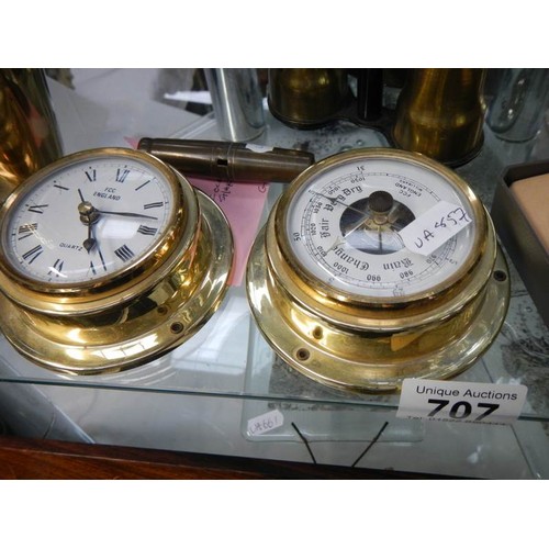 707 - A brass ships clock, brass ships barometer, other clocks etc.,