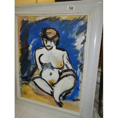 745 - A 20th century British school acrylic on board with monogram 'Blue Nude', verso still life with flow... 